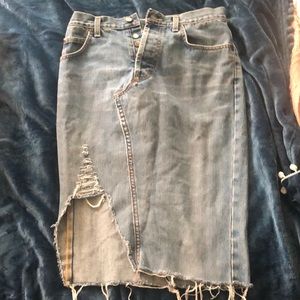 Distressed denim pencil skirt